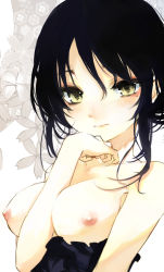 Rule 34 | 1girl, arm between breasts, bare arms, bare shoulders, between breasts, black dress, black hair, black tube top, blush, breasts, character request, collarbone, dress, eyebrows hidden by hair, flower, light blush, looking at viewer, medium breasts, mole, mole under eye, nipples, portrait, short hair, shunsei (muratou), solo, strapless, tareme, topless, tube top, white background, yellow eyes