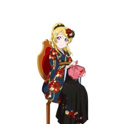 Rule 34 | 10s, 1girl, alternate costume, ayase eli, bento, blonde hair, blue eyes, floral print, flower, furoshiki, hair flower, hair ornament, hairpin, hakama, hakama skirt, japanese clothes, kimono, looking at viewer, love live!, love live! school idol festival, love live! school idol project, non-web source, official art, ponytail, sash, scrunchie, sitting, skirt, smile, solo, transparent background, wide sleeves