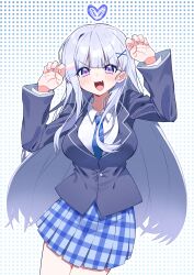 Rule 34 | 1girl, :d, absurdres, arms up, ayatsuno yuni, blazer, blue necktie, blue skirt, blush, breasts, character request, check character, collared shirt, commentary request, fang, grey hair, grey jacket, hair ornament, heart, highres, jacket, large breasts, long hair, long sleeves, looking at viewer, necktie, open mouth, plaid, plaid skirt, pleated skirt, polka dot, polka dot background, purple eyes, shirt, skirt, smile, solo, stellive, tosyeo, v-shaped eyebrows, very long hair, virtual youtuber, white shirt, x hair ornament