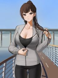 Rule 34 | 1girl, black pants, black shirt, blue sky, blunt bangs, breasts, bridge, brown eyes, brown hair, cleavage, collarbone, cowboy shot, exercise, grey jacket, hand up, high ponytail, highres, jacket, large breasts, long hair, looking at viewer, mole, mole on breast, myabit, original, outdoors, pants, parted lips, partially unzipped, ponytail, railing, shirt, sky, solo, sweat, track jacket, water, yoga pants, zipper, zipper pull tab