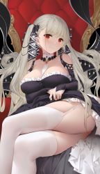 Rule 34 | 1girl, ass, azur lane, bare shoulders, between breasts, black dress, blush, breasts, cleavage, clothes lift, dress, dress lift, earrings, flight deck, formidable (azur lane), frilled dress, frills, garter straps, grey hair, hair ribbon, highres, jewelry, large breasts, long hair, long sleeves, looking at viewer, red eyes, ribbon, rigging, sitting, solo, thighhighs, thighs, twintails, two-tone dress, two-tone ribbon, very long hair, white thighhighs, yijian ma