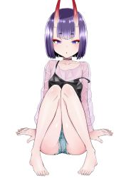 Rule 34 | 1girl, :o, alternate costume, bad id, bad pixiv id, bare arms, bare legs, barefoot, blunt bangs, blush, bob cut, camisole, collarbone, commentary request, denim, denim shorts, eyeshadow, fate/grand order, fate (series), feet, fingernails, full body, half-closed eyes, highres, horns, kanimura ebio, knees together feet apart, knees up, long sleeves, looking at viewer, makeup, nail polish, parted lips, pink shirt, purple eyes, purple hair, see-through, shirt, short hair, short shorts, shorts, shuten douji (fate), simple background, skin-covered horns, solo, strap slip, toenail polish, toenails, toes, tsurime, white background