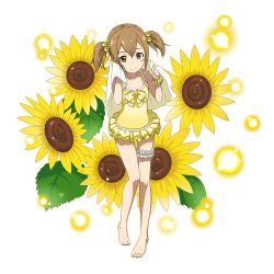 Rule 34 | 1girl, barefoot, breasts, brown eyes, brown hair, cleavage, collarbone, flower, full body, hair between eyes, hair bobbles, hair ornament, highres, holding, holding towel, one-piece swimsuit, short hair, short twintails, silica, small breasts, smile, solo, standing, sunflower, swimsuit, sword art online, thigh strap, towel, transparent background, twintails, wet, yellow flower, yellow one-piece swimsuit, yellow theme