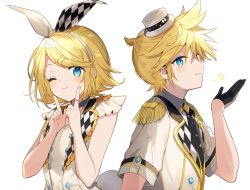 Rule 34 | 1boy, 1girl, :3, :t, black gloves, black necktie, blouse, blue eyes, bow, brother and sister, checkered bow, checkered clothes, cheek squash, commentary, dress, epaulettes, gloves, hair bow, hairband, half gloves, hat, heart, idol, kagamine len, kagamine rin, looking at viewer, mini hat, mini top hat, more more jump! (project sekai), more more jump! len, more more jump! rin, necktie, one eye closed, project sekai, shimada71 72, shirt, siblings, simple background, sleeveless, sleeveless dress, smile, top hat, upper body, vocaloid, white background, white bow, white dress, white hairband, white shirt