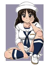 Rule 34 | 1girl, black eyes, black hair, black neckerchief, black socks, blouse, closed mouth, commentary, dixie cup hat, frown, girls und panzer, grey background, hand on own face, hat, knee up, loafers, long sleeves, looking at viewer, medium hair, military hat, miniskirt, murakami (girls und panzer), neckerchief, ooarai naval school uniform, outline, outside border, pleated skirt, sailor, sailor collar, school uniform, shirt, shoes, single horizontal stripe, sitting, skirt, socks, solo, takahashi kurage, textless version, white footwear, white hat, white outline, white shirt, white skirt