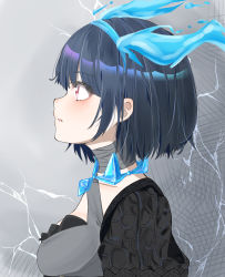 Rule 34 | 1girl, :o, alice (sinoalice), bad id, bad pixiv id, black dress, blue hair, breasts, dress, electricity, hair between eyes, headband, highres, looking to the side, mayu-mayu1026, open mouth, red eyes, short hair, short sleeves, sideboob, sinoalice, solo, surprised