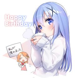 Rule 34 | 2girls, :d, blue eyes, blue hair, blush, blush stickers, bow, closed eyes, commentary request, cup, gochuumon wa usagi desu ka?, hair between eyes, hair ornament, hairclip, hands up, happy birthday, head tilt, highres, holding, holding cup, holding sign, hoto cocoa, kafuu chino, light brown hair, long hair, long sleeves, looking at viewer, looking to the side, multiple girls, open mouth, parted lips, pink vest, rabbit house uniform, red bow, shirt, sign, sleeves past wrists, smile, steam, sweater, tousaki shiina, uniform, very long hair, vest, waitress, white background, white shirt, white sweater, x hair ornament
