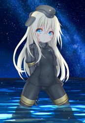 Rule 34 | 10s, 1girl, :o, arms behind back, black gloves, blonde hair, blue eyes, blush, breasts, character name, choker, covered navel, gloves, gluteal fold, hair between eyes, hat, highres, jacket, kantai collection, langley1000, long hair, looking at viewer, night, night sky, ocean, one-piece swimsuit, open clothes, open jacket, parted lips, reflection, school swimsuit, skin tight, sky, small breasts, solo, star (sky), starry sky, swimsuit, swimsuit under clothes, u-511 (kancolle), very long hair, wading, water