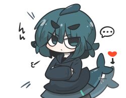 Rule 34 | ..., 1girl, afterimage, arrow (symbol), blue eyes, blue hair, blue hoodie, brown pantyhose, closed mouth, commentary request, crossed arms, fins, fish tail, fuka-chan, grey skirt, heart, highres, hood, hood down, hoodie, long sleeves, original, pantyhose, shark tail, short eyebrows, simple background, skirt, sleeves past wrists, solo, spoken ellipsis, tail, tail wagging, thick eyebrows, translation request, uni souchou, v-shaped eyebrows, white background