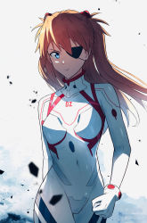 Rule 34 | 1girl, blue eyes, bodysuit, breasts, clenched hand, commentary, covered navel, cowboy shot, evangelion: 3.0+1.0 thrice upon a time, eyepatch, hair ornament, highres, interface headset, long hair, looking at viewer, medium breasts, neon genesis evangelion, orange hair, pilot suit, plugsuit, rebuild of evangelion, rubble, solo, souryuu asuka langley, standing, white bodysuit, yakisobaosu