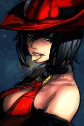 Rule 34 | 1girl, arc system works, bare shoulders, black hair, blue eyes, breasts, cleavage, collar, guilty gear, hat, hungry clicker, i-no, mole, mole above mouth, mouth hold, o-ring, o-ring top, plectrum, red hat, short hair, witch hat