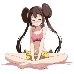 Rule 34 | 1girl, :o, arms between legs, bare arms, bare legs, bare shoulders, barefoot, between legs, blush, bra, breasts, breasts squeezed together, brown hair, cleavage, closed eyes, collarbone, creatures (company), crossed legs, double bun, game freak, hair bun, halterneck, hand between legs, highres, indian style, long hair, medium breasts, navel, nintendo, open mouth, pink bra, pokemon, pokemon bw2, rosa (pokemon), shadow, shorts, sidelocks, simple background, sitting, sleeveless, solo, sweat, tsukishiro saika, twintails, underwear, white background, yellow shorts