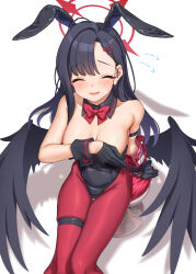 Rule 34 | 1girl, absurdres, armband, aya shachou, black choker, black gloves, black hair, black leotard, black wings, blue archive, breasts, choker, cleavage, closed eyes, gloves, hair ornament, hairclip, halo, highres, ichika (blue archive), leotard, leotard pull, long hair, low wings, medium breasts, on stool, pantyhose, playboy bunny, red pantyhose, smile, thigh strap, wings, wrist cuffs