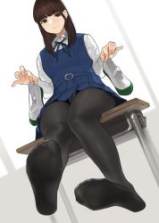 Rule 34 | 1girl, blue skirt, blunt bangs, breasts, brown eyes, brown hair, closed mouth, desk, dress, dress shirt, feet, highres, holding, holding shoes, legs, long hair, looking at viewer, neck ribbon, original, pantyhose, pinafore dress, pleated skirt, ribbon, school uniform, shirt, shoes, unworn shoes, simple background, sitting, skirt, sleeveless dress, smile, soles, solo, thighs, uwabaki, window, yomu (sgt epper)