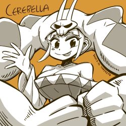 Rule 34 | 1girl, :p, bare shoulders, breasts, cerebella (skullgirls), clenched hands, collarbone, dated, eyelashes, funayama yasuaki, hat ornament, highres, large breasts, monochrome, short hair, signature, skull hat ornament, skullgirls, smile, solo, tongue, tongue out, waving, yellow background
