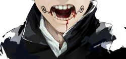 Rule 34 | 1boy, blood, blood from mouth, blood on face, facial mark, facing viewer, gakuran, highres, inumaki toge, jujutsu kaisen, jujutsu tech uniform, open mouth, out of frame, school uniform, short hair, simple background, solo, ufkqz, white background, white hair