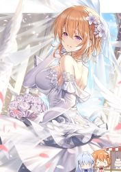 Rule 34 | 2girls, aged up, alternate breast size, backless dress, backless outfit, bare back, blue hair, bouquet, braid, breasts, bridal veil, bride, cake, chibi, chibi inset, commentary, dress, elbow gloves, flower, food, from side, gloves, gochuumon wa usagi desu ka?, hair between eyes, hair flower, hair ornament, highres, holding, holding bouquet, hoto cocoa, imagining, kafuu chino, ks (xephyrks), large breasts, looking at viewer, medium hair, multiple girls, orange hair, outline, parted lips, petals, purple eyes, shoulder blades, side braid, single braid, smile, solo focus, strapless, veil, wedding cake, wedding dress, white dress, white flower, white gloves, white outline