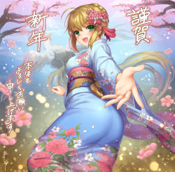 Rule 34 | &gt;:d, 1girl, :d, ahoge, animal, artoria pendragon (all), artoria pendragon (fate), ass, beckoning, bird, blonde hair, blue kimono, blush, braid, breasts, chicken, chinese zodiac, cloud, cowboy shot, crown braid, fate (series), fingernails, floral print, flower, gradient background, green eyes, hair flower, hair ornament, happy new year, highres, japanese clothes, kimono, light particles, long sleeves, looking at viewer, looking back, mashuu (neko no oyashiro), medium breasts, nail polish, nengajou, new year, obi, open hand, open mouth, palms, pink flower, pink nails, print kimono, rooster, saber (fate), sash, sidelocks, smile, spread fingers, tassel, v-shaped eyebrows, wide sleeves, year of the rooster