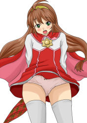 Rule 34 | 1girl, :o, ahoge, blush, brown hair, cape, closed umbrella, embarrassed, green eyes, hairband, lilka eleniak, long hair, low-tied long hair, nullhachi, panties, red skirt, sidelocks, simple background, skirt, solo, thighhighs, twintails, umbrella, underwear, white background, white panties, white thighhighs, wild arms, wild arms 2, yellow hairband, zettai ryouiki