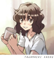 Rule 34 | 1girl, amagami, cup, messy hair, mug, shirt, short hair, solo, tamago, tamago (yotsumi works), tanamachi kaoru, wavy hair