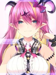 Rule 34 | 1girl, asymmetrical horns, bare shoulders, blonde hair, blush, breasts, character name, chest harness, demon horns, fang, fang out, green eyes, hair between eyes, hair ornament, hand up, harness, harui (hr x9 ), headphones, headphones around neck, highres, hololive, horns, long hair, looking at viewer, mano aloe, multicolored hair, nail polish, pink hair, pointy ears, purple nails, sleeveless, smile, solo, two-tone hair, uneven horns, virtual youtuber