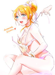 Rule 34 | 10s, 1girl, assisted exposure, ayase eli, bad id, bad pixiv id, bikini, bikini pull, blonde hair, blue eyes, clothes pull, drink, drinking straw, lilaccu, love live!, love live! school idol project, ponytail, pulling another&#039;s clothes, ribbon, solo, solo focus, striped bikini, striped clothes, swimsuit, untied