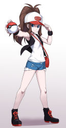 Rule 34 | 1girl, absurdres, arm up, armpits, bag, bare shoulders, baseball cap, black footwear, black vest, blue eyes, blue shorts, boots, brown hair, closed mouth, commentary request, creatures (company), cross-laced footwear, full body, game freak, ginopi, gradient background, grey background, hand on headwear, hat, high ponytail, highres, hilda (pokemon), holding, holding poke ball, lace-up boots, long hair, looking at viewer, nintendo, open clothes, open vest, outstretched arm, poke ball, poke ball (basic), pokemon, pokemon bw, ponytail, shadow, shirt, short shorts, shorts, shoulder bag, sidelocks, sleeveless, sleeveless shirt, solo, standing, v-shaped eyebrows, vest, white background, white hat, white shirt