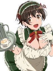 Rule 34 | 1girl, :d, alternate costume, apron, between breasts, blush, bow, bowtie, breasts, brooch, brown eyes, brown hair, carrying, cleavage, cleavage cutout, clothing cutout, coffee, coffee cup, coffee pot, cup, disposable cup, dr. gero (staedtler 0508), dress, enmaided, frilled apron, frilled dress, frills, gloves, green dress, hand on own chest, headdress, highres, idolmaster, idolmaster cinderella girls, jewelry, large breasts, leaning forward, looking at viewer, maid, maid apron, maid headdress, oikawa shizuku, open mouth, puffy short sleeves, puffy sleeves, red bow, red bowtie, short hair, short sleeves, simple background, smile, solo, tareme, tray, upper body, white background