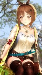 Rule 34 | 1girl, atelier (series), atelier ryza, atelier ryza 1, belt, blue belt, blue sky, bridal legwear, brown belt, brown eyes, brown gloves, brown hair, corp, flask, gloves, hair ornament, highres, jacket, jewelry, leather belt, necklace, outdoors, pouch, red shorts, reisalin stout, round-bottom flask, short hair, short shorts, shorts, single glove, sitting, sky, sleeveless, sleeveless jacket, star (symbol), star necklace, thick thighs, thigh pouch, thighs, vial, white headwear, yellow jacket