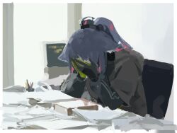 Rule 34 | 1girl, animal ears, arknights, black gloves, black shirt, blue hair, book, cat ears, cat girl, commentary, covering face, desk, english commentary, facepalm, gloves, green gloves, hands on own face, highres, jessica (arknights), leaning forward, long hair, long sleeves, messy, monitor, multicolored hair, painterly, paper, pen holder, ponytail, red hair, shinnasuka025, shirt, sitting, solo, streaked hair, upper body