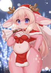 Rule 34 | 1girl, animal ears, antlers, backlighting, bandeau, blonde hair, blue eyes, blurry, blurry background, blush, body fur, breasts, breath, capelet, closed mouth, cowboy shot, deer ears, deer tail, female focus, full moon, fur-trimmed capelet, fur-trimmed headwear, fur trim, furry, furry female, hand on own hip, hand up, happy, hat, highres, holding, holding sack, horns, horokusa (korai), loincloth, long hair, looking at viewer, moon, navel, night, original, outdoors, pink fur, red bandeau, red capelet, red hat, reindeer antlers, reindeer girl, sack, santa costume, santa hat, sidelocks, small breasts, smile, snowing, solo, split mouth, standing, star (symbol), star in eye, stomach, symbol in eye, tail, thick thighs, thighs, two-tone fur, white fur, wide-eyed, wide hips