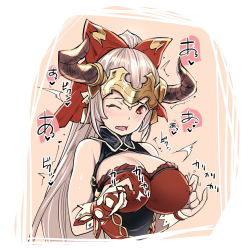 Rule 34 | 1girl, aliza (granblue fantasy), bow, breasts, cleavage, cleavage cutout, clothing cutout, commentary request, covered erect nipples, draph, granblue fantasy, hair bow, horns, large breasts, long hair, nipple stimulation, nipple tweak, open mouth, pointy ears, ponytail, rakujin, red bow, red eyes, silver hair, solo, translation request, upper body, very long hair, wavy mouth, wince, wrist cuffs