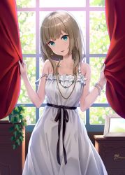 Rule 34 | 1girl, aqua eyes, bracelet, breasts, brown hair, character request, collarbone, copyright request, cross, cross earrings, curtain grab, curtains, day, drawer, earrings, head tilt, hyuuga azuri, indoors, jewelry, long hair, looking at viewer, medium breasts, necklace, parted lips, plant, potted plant, solo, standing