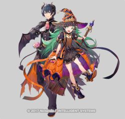 Rule 34 | 1boy, 1girl, alternate costume, azu-taro, blue eyes, blue hair, braid, byleth (fire emblem), byleth (male) (fire emblem), costume, demon horns, demon wings, fire emblem, fire emblem: three houses, fire emblem heroes, green eyes, green hair, halloween, halloween costume, hat, horns, looking at viewer, matching hair/eyes, nintendo, official alternate costume, official art, pointy ears, sothis (fire emblem), twin braids, wings, witch hat