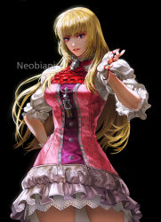 1girl arm_behind_back artist_name ascot black_background blonde_hair blue_eyes breasts commentary_request contrapposto dress emilie_de_rochefort fingerless_gloves frilled_dress frills gloves highres kim_yura_(goddess_mechanic) large_breasts long_hair parted_lips pink_dress puffy_short_sleeves puffy_sleeves red_ascot short_dress short_sleeves solo tekken tekken_8 watermark white_gloves