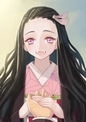 Rule 34 | 1girl, :d, absurdres, black hair, blue background, fangs, forehead, gradient background, hair ribbon, highres, holding hands, japanese clothes, kamado nezuko, kimetsu no yaiba, kimono, kotatsu (pixiv17790396), long hair, looking at viewer, obi, open mouth, pink eyes, pink ribbon, pov, pov hands, ribbon, sash, smile, solo focus, standing, teeth, upper body, upper teeth only, very long hair, white background