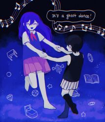 Rule 34 | 1boy, 1girl, antenna hair, bare arms, bare shoulders, barefoot, black background, black hair, black shorts, black socks, black tank top, blue background, blue sweater vest, brother and sister, brown skirt, closed eyes, collared shirt, colored skin, dancing, english text, facing another, gradient background, hair behind ear, hair between eyes, highres, holding hands, kneehighs, long hair, mari (headspace) (omori), mari (omori), multicolored clothes, multicolored shorts, musical note, neckerchief, no socks, omo taru, omori, omori (omori), red neckerchief, shirt, short hair, short sleeves, shorts, siblings, simple background, skirt, smile, socks, speech bubble, standing, standing on one leg, star (symbol), striped clothes, striped shorts, sweater vest, tank top, two-tone shorts, vertical-striped clothes, vertical-striped shorts, white shirt, white shorts, white skin