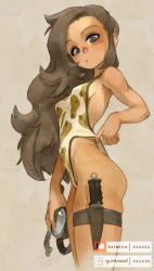 Rule 34 | 1girl, adjusting clothes, adjusting swimsuit, beige background, blue eyes, breasts, brown hair, camouflage, commentary, dark-skinned female, dark skin, english commentary, from side, goggles, gumroad username, hair over shoulder, highres, holding, holding goggles, holster, holstered, knife, long hair, looking down, one-piece swimsuit, original, paid reward available, patreon username, pinup (style), paid reward available, sideboob, skindentation, small breasts, solo, swimsuit, thigh holster, thighs, xaxaxa