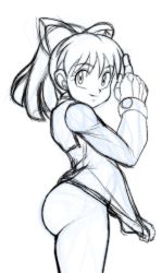 Rule 34 | 1girl, artist request, ass, bottomless, capcom, clothes pull, dress pull, from side, hair ribbon, highres, looking at viewer, mega man (classic), mega man (series), monochrome, no panties, ponytail, ribbon, roll (mega man), smile, solo, thighhighs, thighs