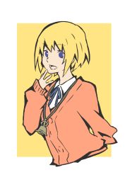 Rule 34 | 1girl, absurdres, bell, bitou raimu, blonde hair, blue eyes, buttons, cardigan, eyebrows, female focus, hand on own chin, highres, jewelry, looking at viewer, necklace, necktie, open mouth, orange cardigan, school uniform, smile, solo, subarashiki kono sekai, upper body