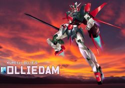 Rule 34 | aile strike gundam, character name, commentary, earthree gundam, english commentary, flying, fusion, gundam, gundam build divers, gundam build divers re:rise, gundam seed, highres, holding, holding sword, holding weapon, hololive, hololive indonesia, kureiji ollie, looking at viewer, looking down, mecha, mechanical wings, no humans, open hand, pravin rao santheran, robot, science fiction, sky, solo, sunset, sword, v-fin, virtual youtuber, weapon, wings