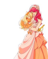 Rule 34 | 2girls, :o, aged down, blonde hair, carrying, carrying person, celica (fire emblem), celine (fire emblem), closed eyes, commentary request, dress, e8coofn0klibdx1, fire emblem, fire emblem echoes: shadows of valentia, fire emblem engage, hair ornament, hairband, highres, long hair, multiple girls, nintendo, open mouth, orange dress, pink hairband, puffy short sleeves, puffy sleeves, red hair, short sleeves, simple background, sleeveless, sleeveless dress, smile, sword, two-tone dress, weapon, white background, white dress