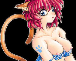 Rule 34 | animal ears, blue eyes, breasts, cat ears, cat tail, cleavage, lowres, red hair, short hair, tail