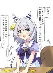 Rule 34 | absurdres, animal ears, breasts, chair, commentary request, desk slam, green eyes, grey hair, gryebooks, hair ornament, highres, hishi miracle (umamusume), horse ears, horse girl, looking at viewer, medium breasts, medium hair, open mouth, school uniform, simple background, standing, table, tracen school uniform, translation request, umamusume, white background