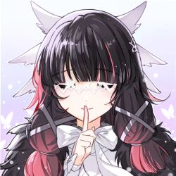 Rule 34 | 1girl, black hair, blunt bangs, bow, closed mouth, columbina (genshin impact), eye mask, finger to mouth, fur collar, genshin impact, gradient hair, hand up, head wings, highres, index finger raised, ji yue, long hair, looking at viewer, multicolored hair, red hair, ribbon, shushing, smile, solo, streaked hair, upper body, white bow, wings, wrist ribbon