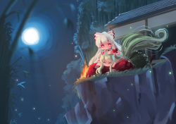 Rule 34 | absurdres, bamboo, bamboo forest, blush stickers, bow, bright pupils, building, chibi, cliff, closed eyes, commentary, dress, english commentary, ex-keine, fire, forest, fujiwara no mokou, full body, full moon, green dress, green hair, hair bow, hand on another&#039;s head, highres, horn bow, horn ornament, horns, kamishirasawa keine, long hair, moon, nature, night, outdoors, pants, red bow, red eyes, red pants, shirt, suspenders, sweet reverie, tail, touhou, white bow, white hair, white pupils, white shirt