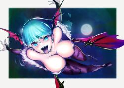 1girl absurdres ahugan_sugita bare_shoulders black_leotard blurry blurry_background border breasts bridal_gauntlets cleavage darkstalkers demon_girl demon_wings full_moon green_eyes green_hair head_wings highres large_breasts leotard low_wings midair moon morrigan_aensland night outstretched_arms pantyhose print_pantyhose purple_pantyhose solo spread_arms tongue tongue_out white_border wings