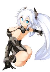 Rule 34 | 1girl, absurdres, ass, black heart (neptunia), blue eyes, breasts, cleavage, gloves, highres, large breasts, legs, leotard, looking back, neptune (series), sideboob, smile, solo, thick thighs, thighs, thong leotard, twintails, white hair