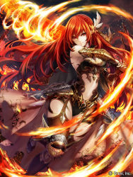 Rule 34 | 1girl, absurdres, armor, armored boots, boots, braid, breasts, cape, cleavage, closed mouth, company name, feathers, fire, gauntlets, hair ornament, highres, holding, holding sword, holding weapon, long hair, outdoors, red eyes, red hair, shingoku no valhalla gate, solo, sword, tao (taobooon), very long hair, watermark, weapon