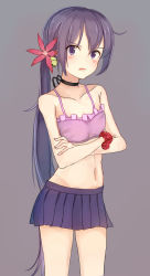 Rule 34 | 10s, 1girl, akebono (kancolle), angry, asymmetrical hair, bad id, bad nicoseiga id, bare arms, bell, bikini, bikini top only, collarbone, crossed arms, flat chest, flower, guanhian, hair bell, hair flower, hair ornament, highres, kantai collection, long hair, looking at viewer, navel, no panties, pleated skirt, purple eyes, purple hair, side ponytail, simple background, skirt, solo, swimsuit, very long hair